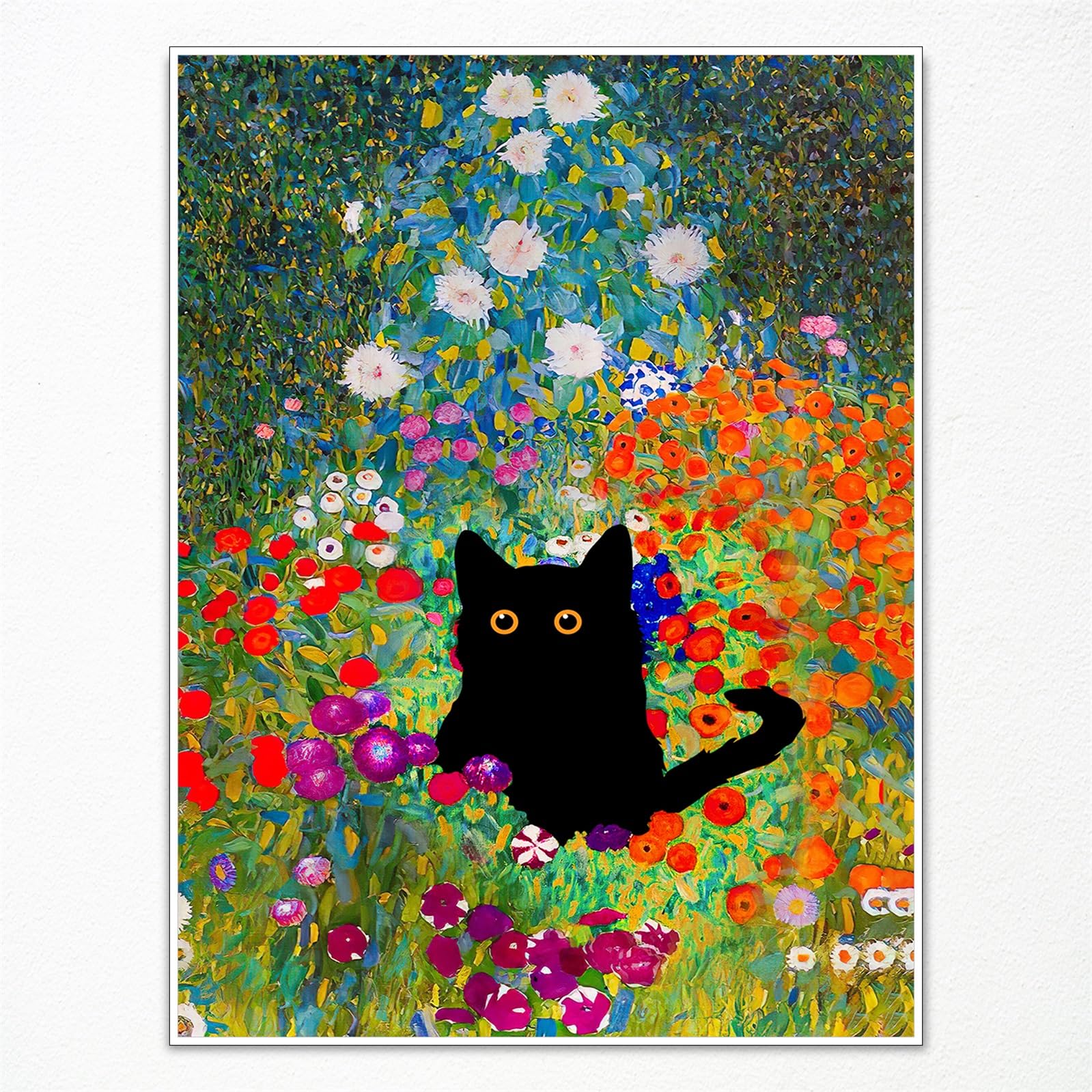 Gustav Klimt Canvas Wall Art, Black Cat Garden Flower Poster, Funny Cat Flower Print, Colourful Abstract Aesthetic for Bedroom, Bathroom, 30 x 40 cm, Unframed