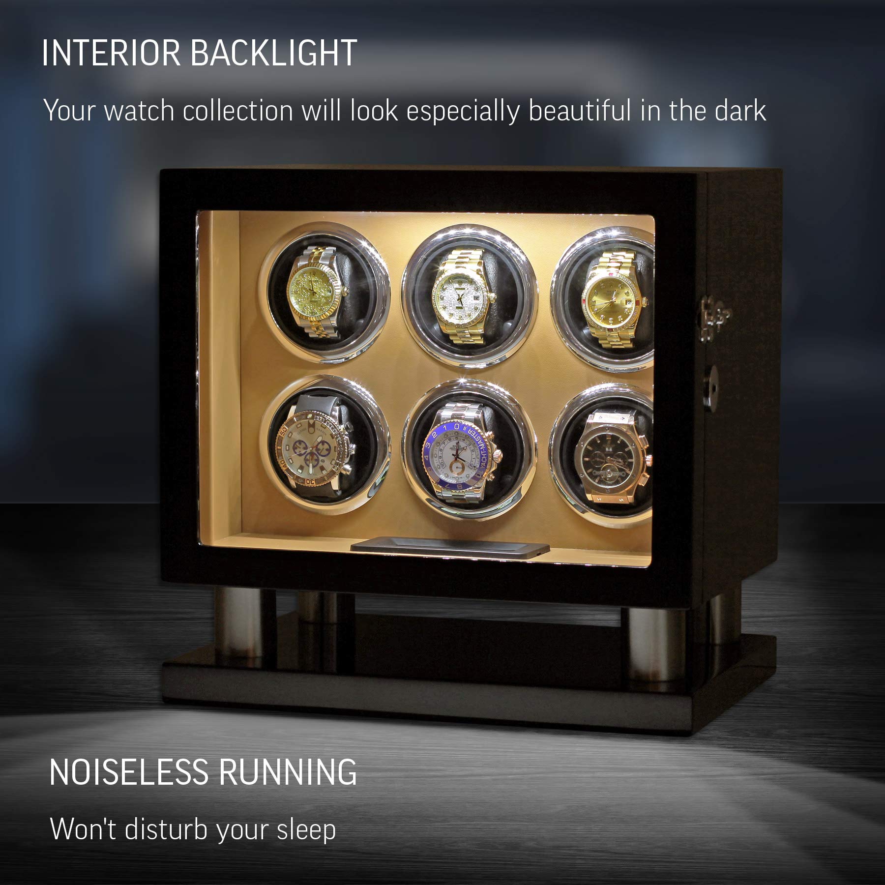 Watch Winder for 6 Watches with LED Backlight, LCD Display and Motor-Stop Option