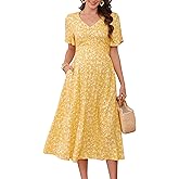 KOJOOIN Maternity V Neck Dress Ruffle Short Sleeve Summer A Line Midi Dress Baby Shower Photoshoot