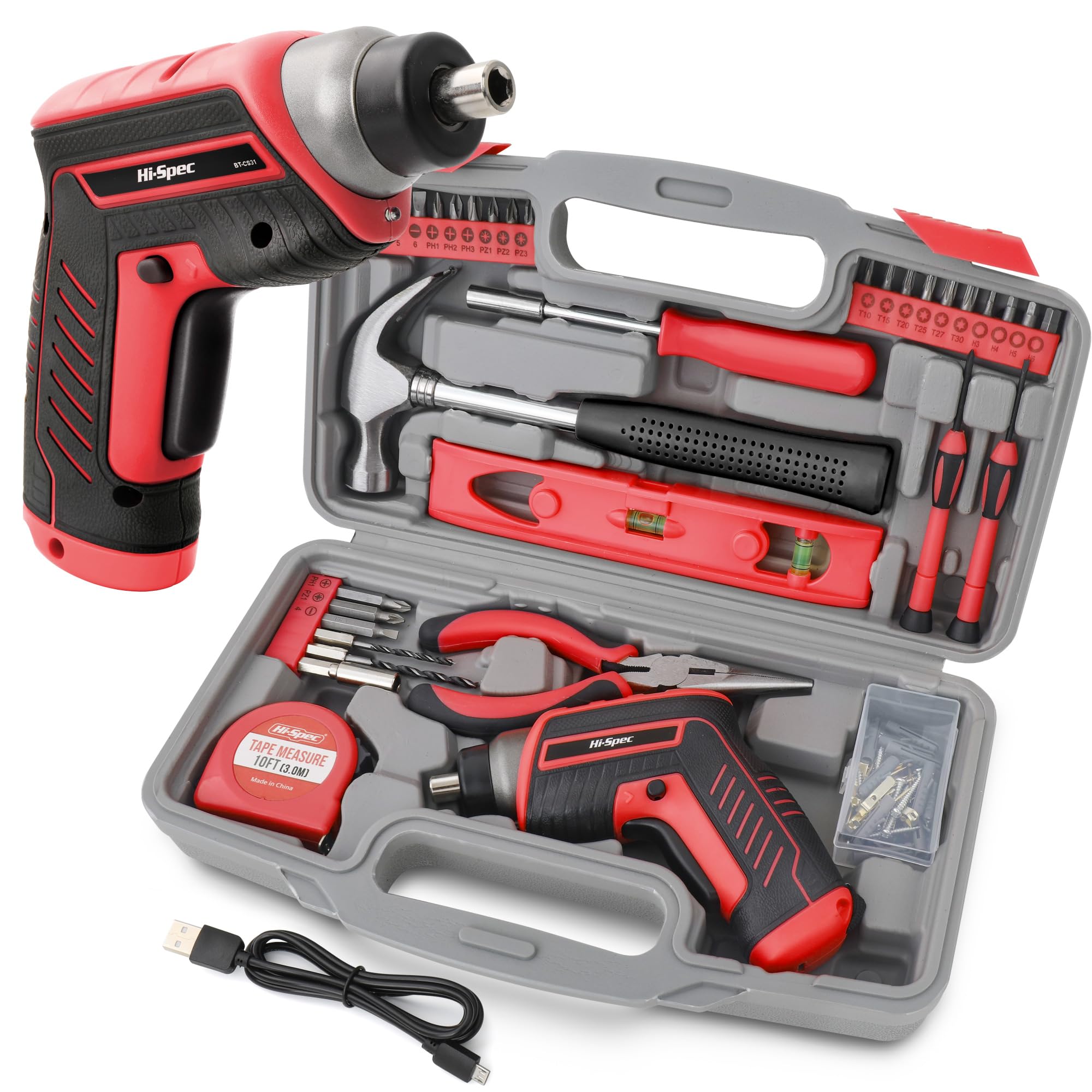Hi-Spec 35pc Compact Home Tool Kit Set with 3.6V USB Electric Power Cordless Screwdriver. The Starter Basic Tools for Household DIY Repairs in a Small Toolbox
