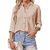 AXUIOKRY Cotton Button Down Shirts Women V Neck Long/Roll Up Sleeve Gauze Texture Casual Tops with Pocket