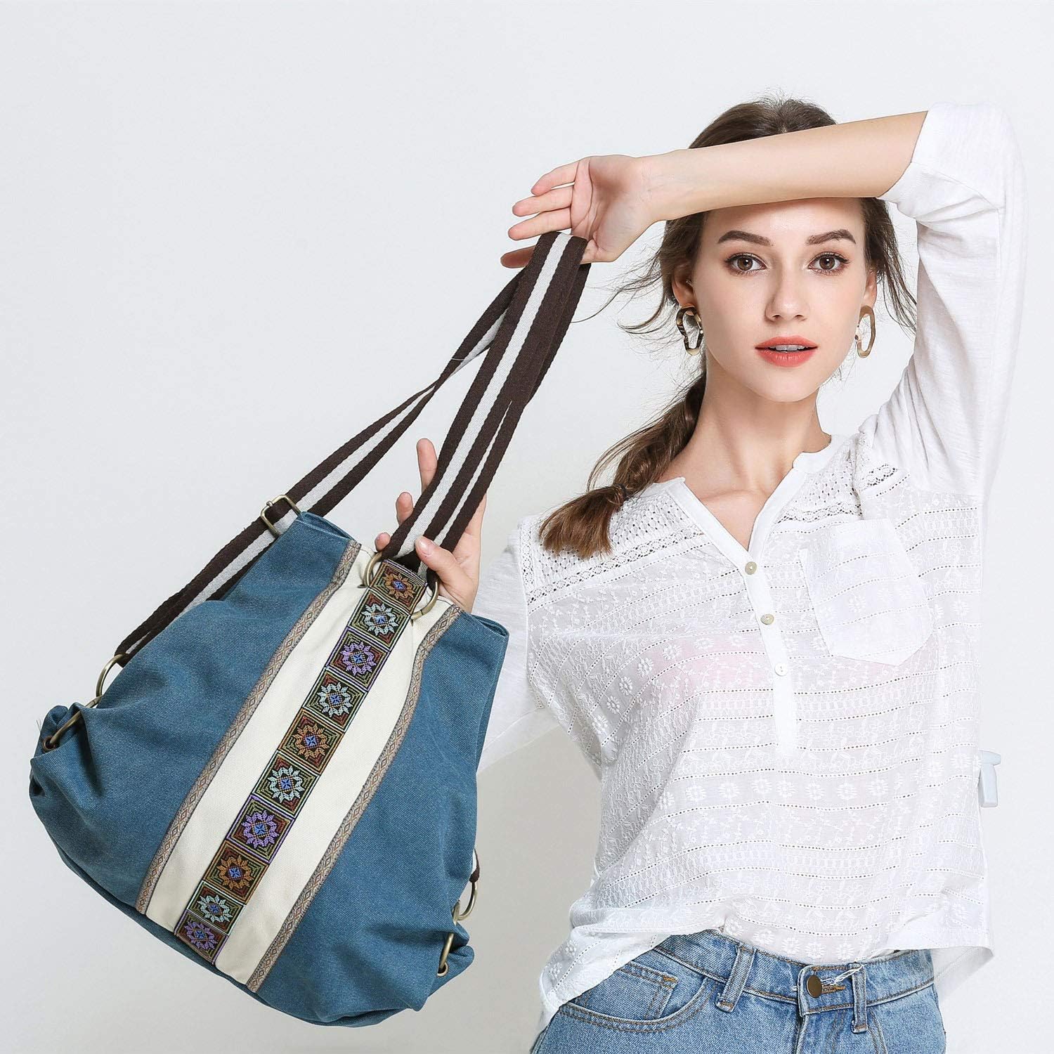 | Women Canvas Backpack Daypack Casual Shoulder Bag, Vintage Heavy-duty Anti-theft Travel Backpack (Green Blue) | Kids' Backpacks