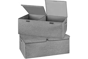 Valease 2 Pack Storage Boxes with Lids and Handles, Collapsible Linen Storage Bins Organizer Containers Baskets Cube with Removable Divider for Home Bedroom Closet Office (Grey, Small)
