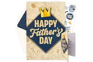 Decorably Laser-Engraved Wooden and Gold-Foiled 5x8in Individual Happy Fathers Day Card with Die-Cut Greeting, Fathers Day Card for Dad Set with Envelope and Stickers, with Printed Message Inside