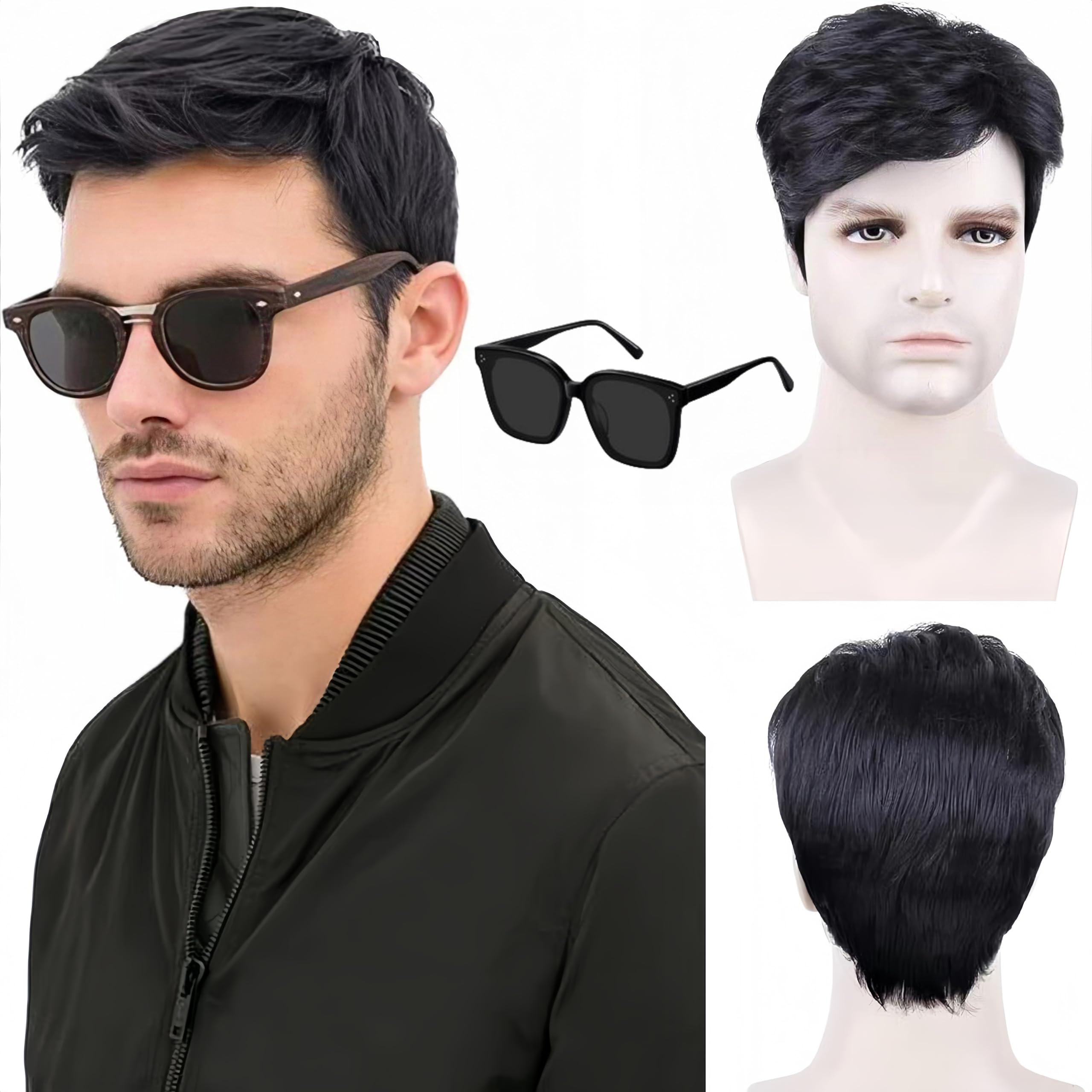 SDXCJY Mens Short Wig Black Short Black Mens Wig Costume for Men 70s 80s Disco Curly Fluffy Cosplay hair,boys Wigs for Daily Use Straight hair Halloween Handsome (black)