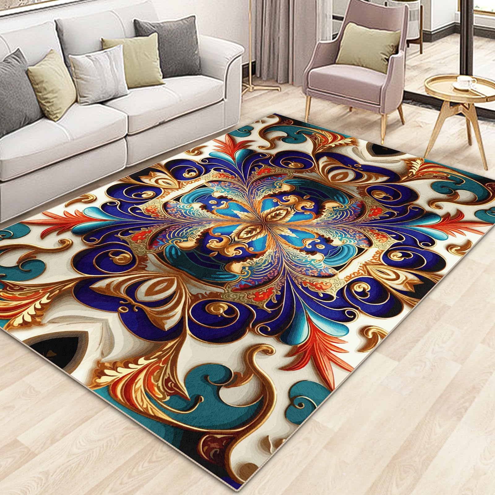 Photo 1 of Washable Living Room Area Rug, Non-Slip Vintage Hallway Rug with Upgrade Rubber Backing, Stain Resistant Faux Wool Distressed Carpet Runner for Bedroom, Kitchen, Laundry, Entrance (79" x 59")