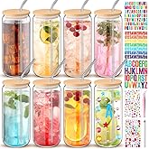 Yetene 8 Pcs 20 oz Plastic Cups with Lids and Straws Acrylic Mason Jars with Bamboo Lids Mason Jar tumblers with Sticker and Diamond for DIY Decorate Mugs Drinking for Water Beverage Beer(Clear)