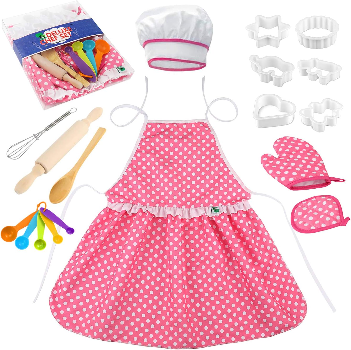 Glonova Chef Set for Kids, 17 Pcs Children Cooking Set for Boys Girls Toddler Role Play Cook Costume with Apron, Chef Hat, Utensils, Cooking Mitt
