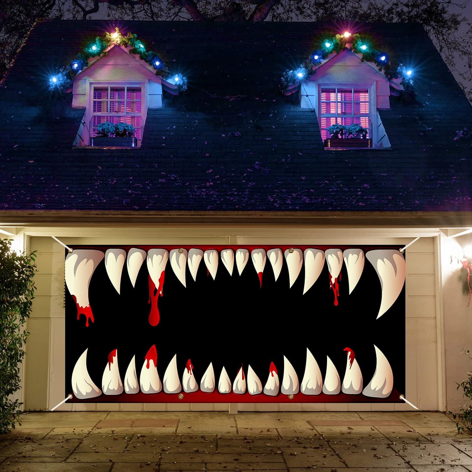 Garage Door Decorations - gisgfim Halloween Monster Garage Door Decoration Monster Face Garage Door Banner Cover Large Size Halloween Backdrop Decorations Fangs Party Outdoor Indoor Background Sign 6x13ft