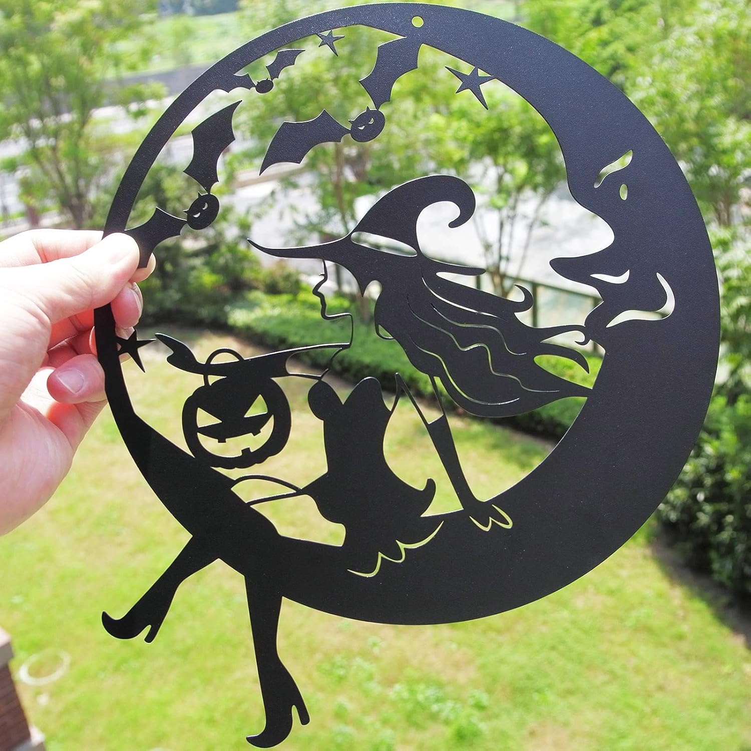 Plaques & Wall Art - ESTART Halloween Black Metal Witch Moon Bat Cat Wall Hanging Door Decor Art Craft, Perfect for Indoor and Outdoor Home Decoration Gifts for Halloween Party Decorations (Witch Moon)