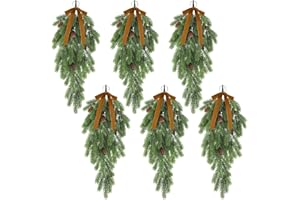 Thiccywoov 6 Pack Christmas Teardrop Swags with Velvet Bows 24 Inch Rustic Artificial Pine Greenery Teardrop Wreath for Holiday Front Door Stair Mantle Fireplace Wall Indoor Outdoor Decor(Khaki)