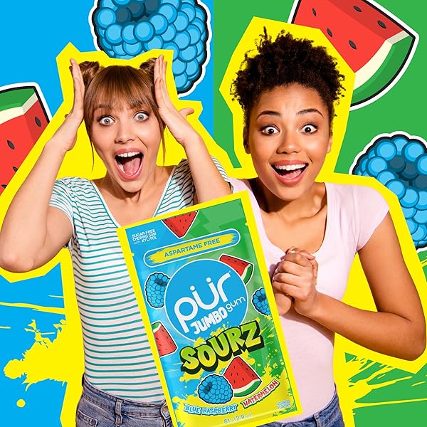 PUR JUMBO SOURZ GUM | ASPARTAME FREE CHEWING GUM | 100% XYLITOL | NATURAL FLAVOR | SOUR BLUE RASPBERRY, SOUR WATERMELON, 20 PIECES (PACK OF 1)
