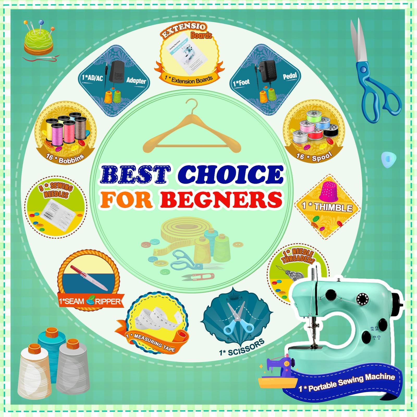 Sewing Machine, Mini Sewing Machines for Beginner with Eco-Friendly Material, Dual Speed Portable Sewing Machines with Extension Table, Light - Easy to Use, Best Gift for Kids and Women