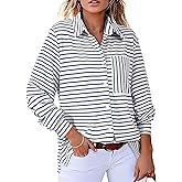 Astylish Women's Casual Blouses Button Down Business Work Tops Long Sleeve V Neck Striped Shirts 2025 Fall Outfits