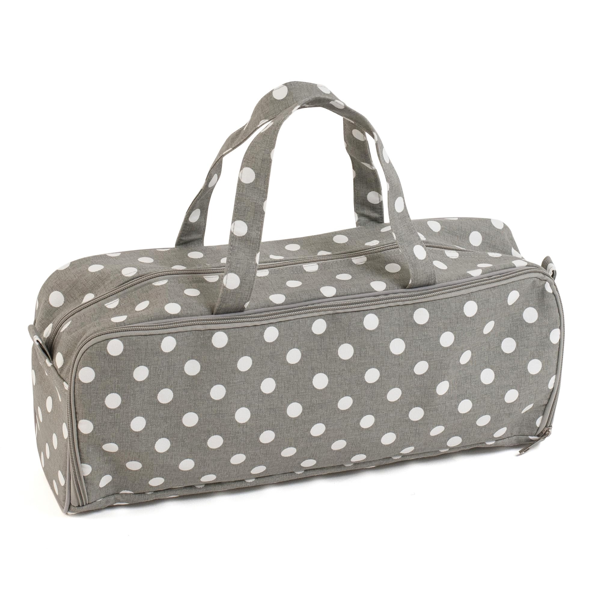 Hobby Gift Medium Knitting Bag - 100% Soft Cotton Craft Crochet Bag Organiser with Zipped Knitting Pin Case, Yarn Eyelet, Yarn Holder, & Double Handle - 13 x 45 x 18cm, Grey Polka Dot