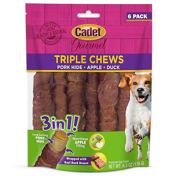 CADET GOURMET TRIPLE CHEWS LONG-LASTING PORK HIDE STICKS...