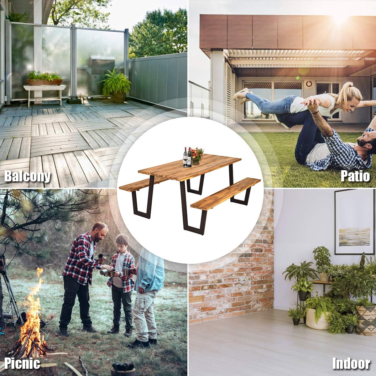 Giantex Picnic Table Bench Set with Umbrella Hole, Outdoor Dining Table Set, 70” Acacia Wood Picnic Beer Table with Metal Frame (Natural & Black): Kitchen & Dining