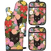 Miss Adola Cotton Oven Mitts and Pot Holders Sets - Quilted Lining Heat Resistant 4 Pieces Set with Hanging Loop Cute Farmhouse Boho Spring Kitchen Decor and Accessories, Cat Flower