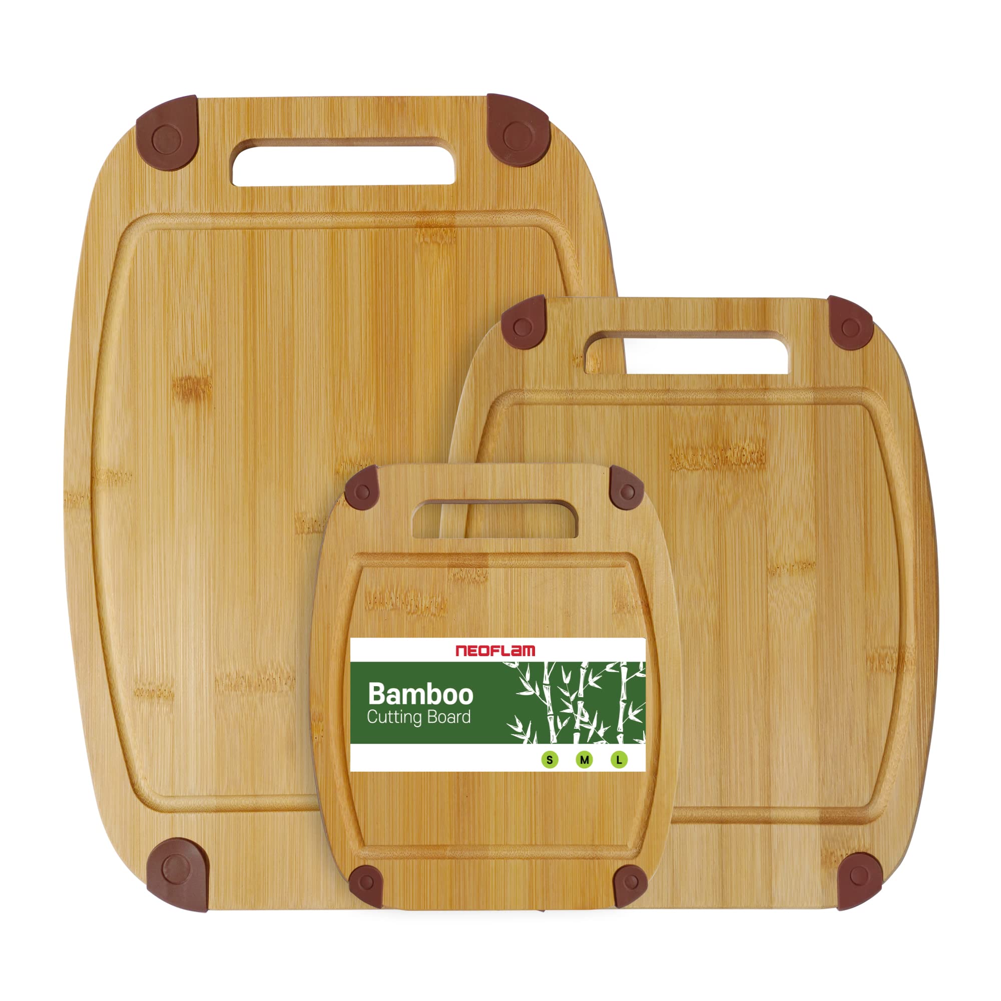 NEOFLAM® - Bamboo chopping board wood non-slip set of 3 chopping boards with handle and juice groove - naturally antibacterial, kitchen board