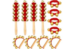 Lukmaa 12 PCS Christmas Hand Jingle Bells Wooden Handle Bells Wrist Band Shaking Bell Stick Musical Percussion Instrument Bell for Xmas Holiday Music Birthday Party Favors (Red, Gold)