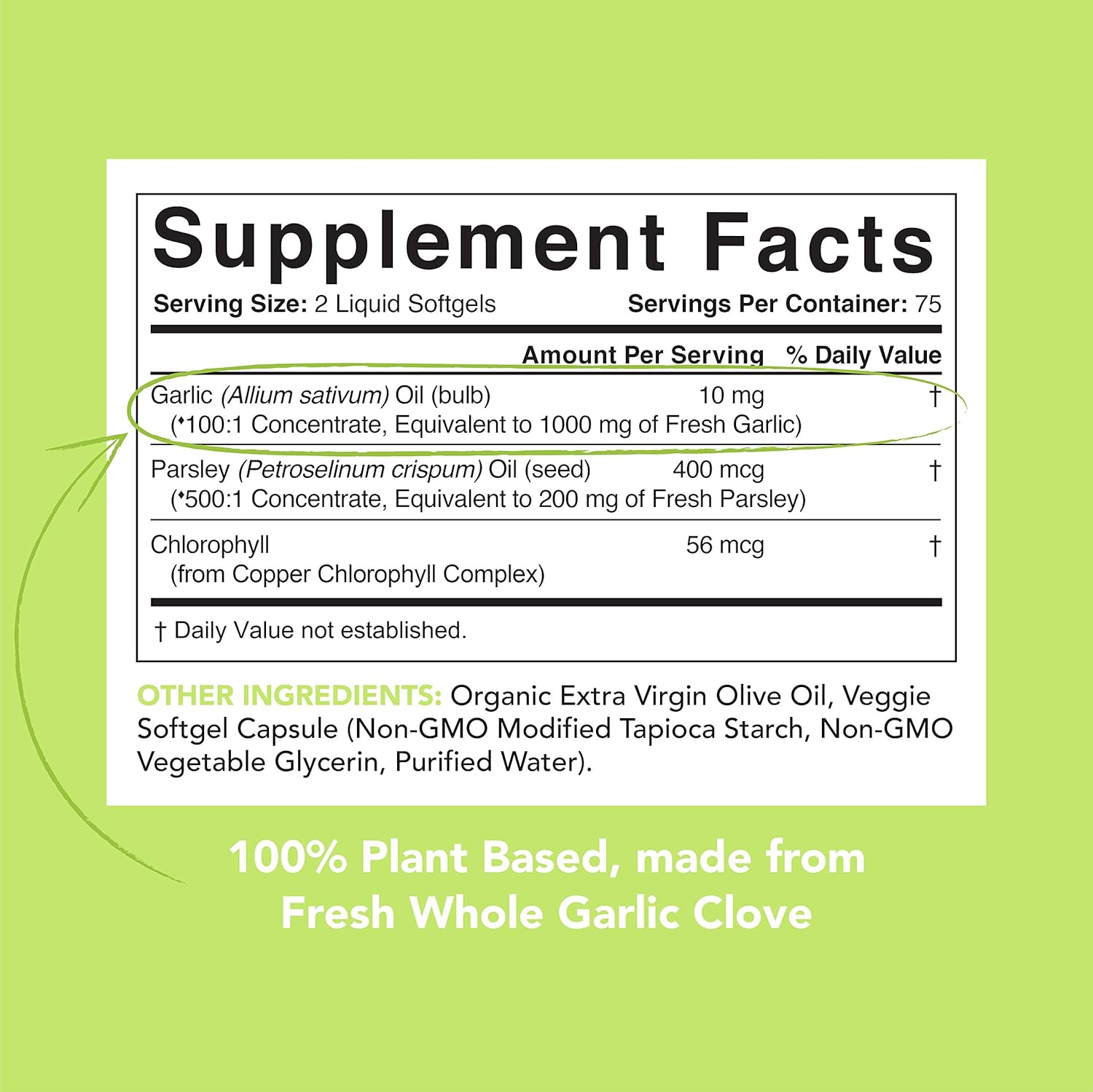Odorless Garlic Oil Pills (1000mg) with Parsley & Chlorophyll | The only Vegan Certified Garlic Supplement Available | 150 Veggie softgels: Health & Personal Care