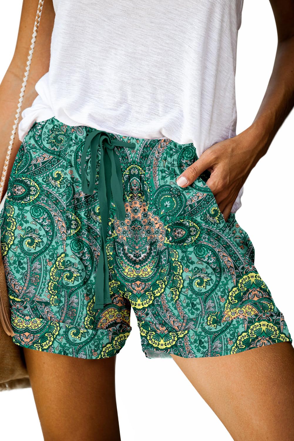 Photo 1 of QUEEN PLUS Women's Summer Shorts Ladies Plus Size Workout Shorts with Pockets Floral Print Elastic Waist Short Pants Teal Paisley L