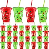 Skylety 36 Pcs Christmas Cups with Straws and Lids 16 Oz Lime Green & Red Polka Dot Reusable Plastic Christmas Tumbler for Hot/Cold Beverages Xmas Party Drinking Cups Supplies(Red & Green)
