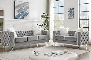 mikibama Velvet Loveseat with Buttons and Square Arms 59 Inch Tufted Sofa with Trimmed Nailhead and Metal Legs Loveseat Couch for Living Room, Bedroom (Grey-Crystal Legs, Loveseat + Sofa)