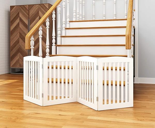 PAWLAND WOODEN FREESTANDING FOLDABLE PET GATE FOR DOGS, 24 INCH 4 PANELS STEP OVER FENCE, DOG GATE FOR THE HOUSE, DOORWAY, STAIRS, EXTRA WIDE (WHITE, 24″ HEIGHT-4 PANELS)