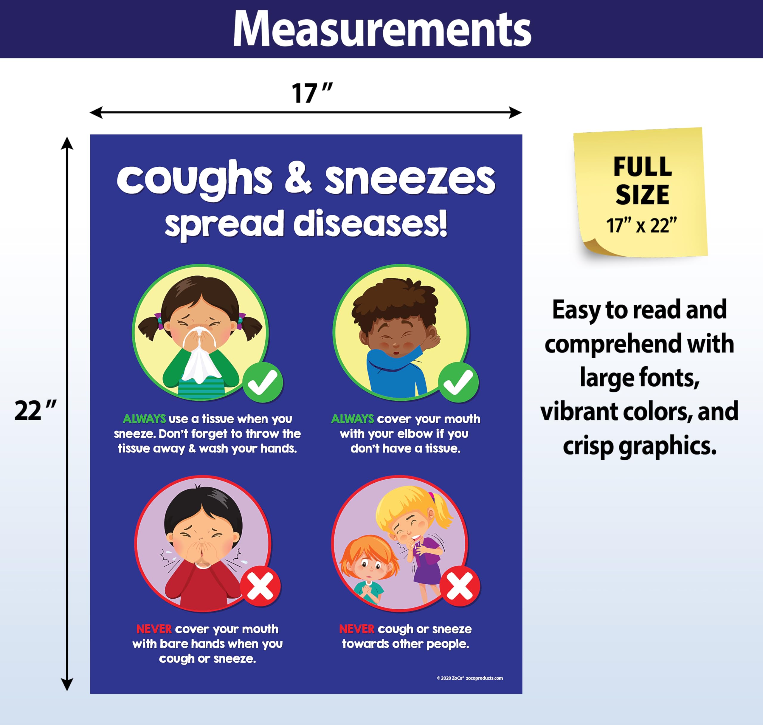 ZOCO Cover Your Cough Sign – Laminated 17” x 22” – Hygiene & Health Poster for School Nurse Office & Bulletin Board Decor