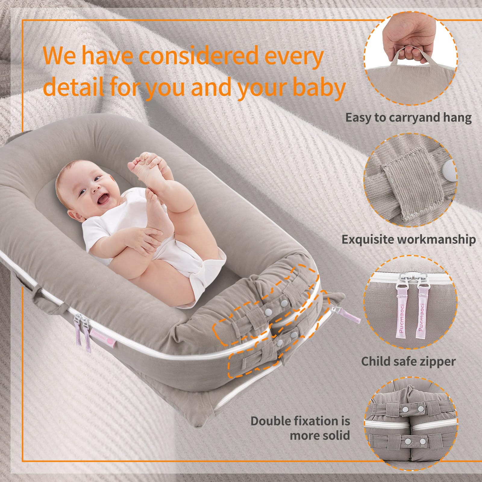 Corduroy Baby Lounger Cover for Dockatot Deluxe + | 100% Cotton Hypoallergenic Newborn Premium Quality Spare Cover(Cover Only) (Grey)