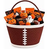 Football Halloween Basket Cotton Rope Halloween Candy Gift Storage Basket | Football Bucket with Handle, Woven Sport Candy Bucket for Neighborhood Parades &amp; Indoor Holiday Home Decor
