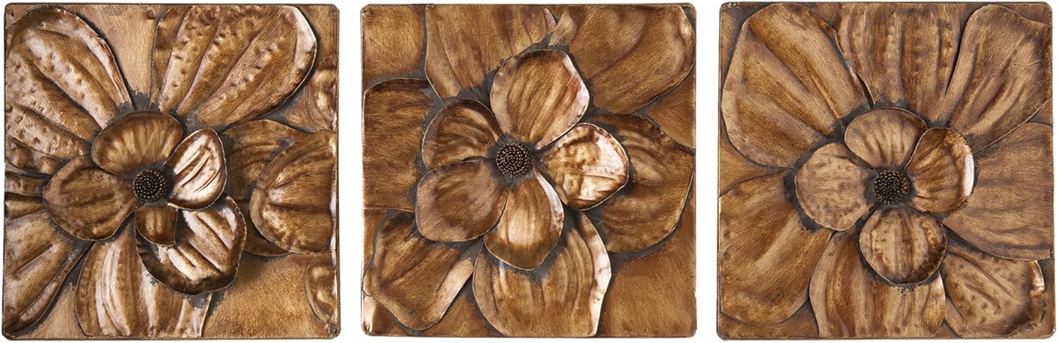 SEI Furniture Magnolia 3 pc Wall Panel Set - Gold Floral Motif - Hand Painted Glam Style