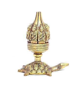 Two Moustaches Lotus Engraved Buddha Over Tortoise Candle Brass Oil Lamp Diya