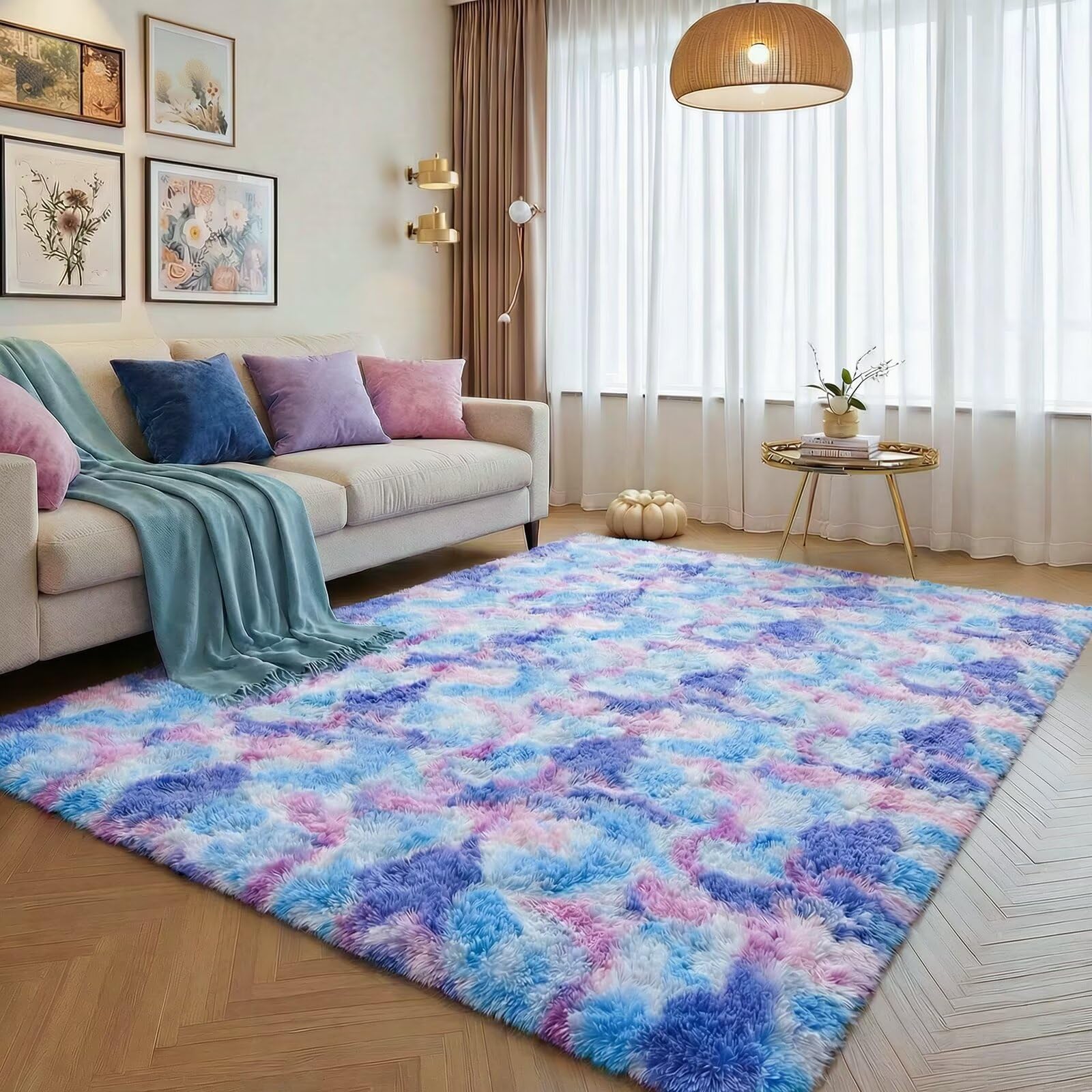 junovo Washable, Non-Slip Area Rug, Soft Rainbow Area Rug for Girl's Room, Children's Play mat, Baby Girl Bedroom Nursery Home Bedroom, 5ft x 8ft Tie-Dyed Purple Image