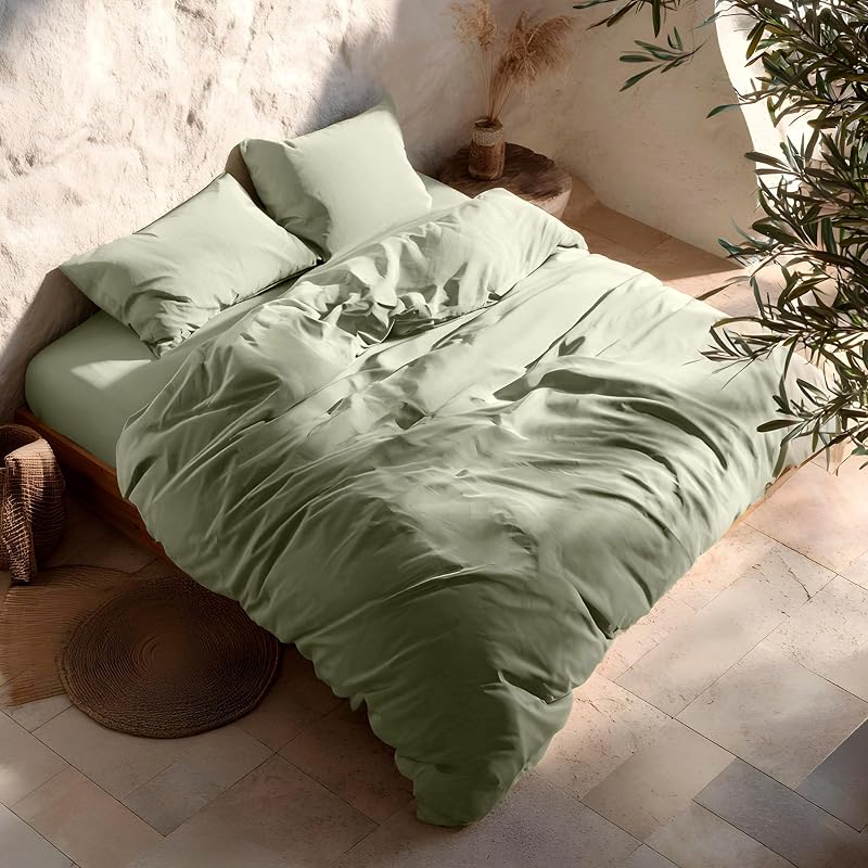 Juego Funda Nórdica Cama 80/90, Lisa 100% Algodón, Funda Edredón 150x220 cm y Funda Almohada, Transpirable, Suave, Color Verde — foto 4 de 7