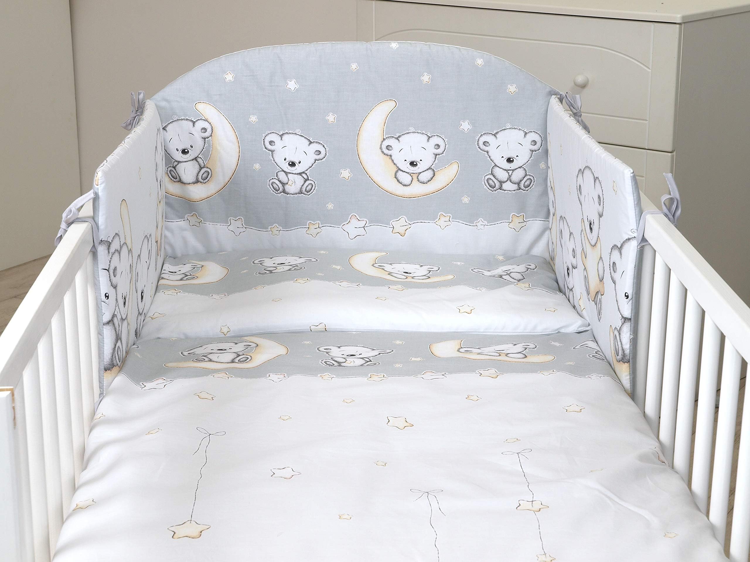 3PCS Baby Bedding Set fit Cot 120x60 or Cot Bed140x70CM - Duvet Cover, Pillow CASE, Bumper (COT 120X60, Grey Moon)