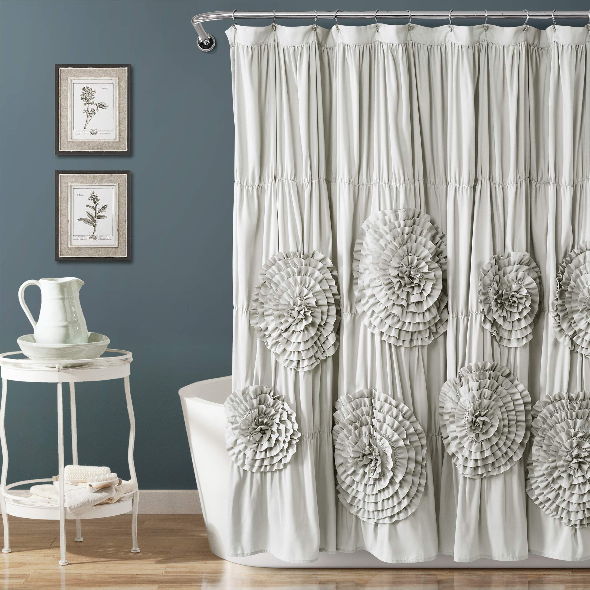 Lush Decor Serena Shower Curtain Ruffled Floral Vintage Chic Farmhouse Style Bathroom Decor, 0, Light Gray
