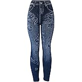 KMystic Women's Denim Print Fake Jeans Leggings (Japanese Cherry)