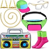 Newcotte 7 Pcs 80s 90s Outfit for Women Hip Hop Costume Unisex Retro 90s Outfits Accessories Gold Neon Chain Earring Glasses Fanny Pack Hat Socks Rapper Inflatable Radio Disco for Halloween 80s Party