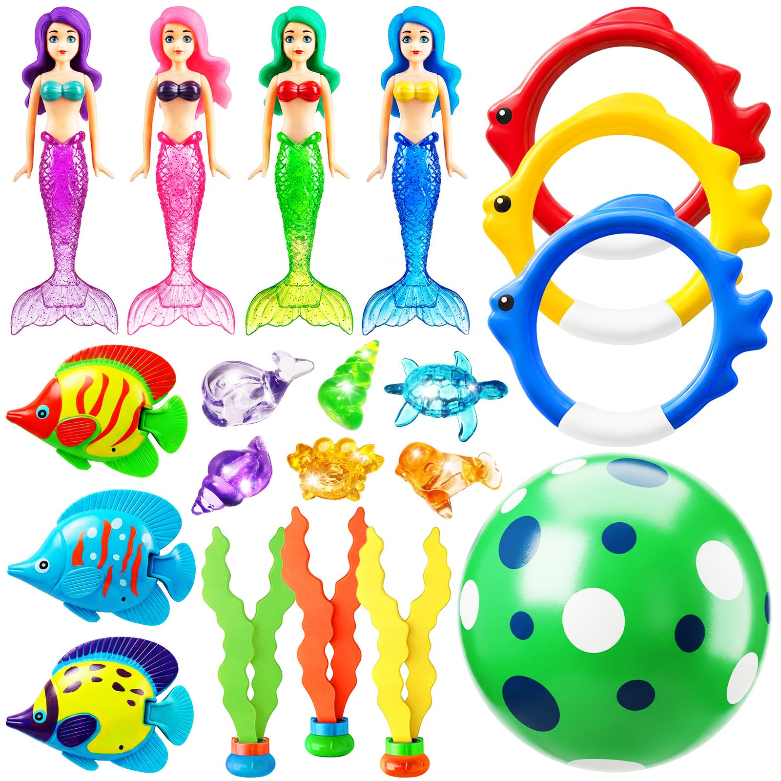 Jasonwell Pool Diving Toys Games - 20PCS Swimming Mermaid Pool Toys with Dive Rings Gems Beach Ball Underwater Treasures Seaweeds Fish Swim Toy etc Bath Water Toy Training Gifts for Kids Adult