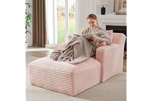 Keainvren Chaise Lounge Chair Indoor, Upholstered Corduroy Single Lounge Sofa Couch, Comfy Reading Recliner Sleeper Sofa Chair Bed with Armrests and Pillows for Bedroom, Living Room (Pink)