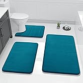 Yimobra 3 Pieces Memory Foam Bath Mat Set with U-Shaped Toilet Rug - Non Slip Super Soft Absorbent Quick Dry Bathroom Rugs for Bathtub, Vanity & Toilet Base, Peacock Blue