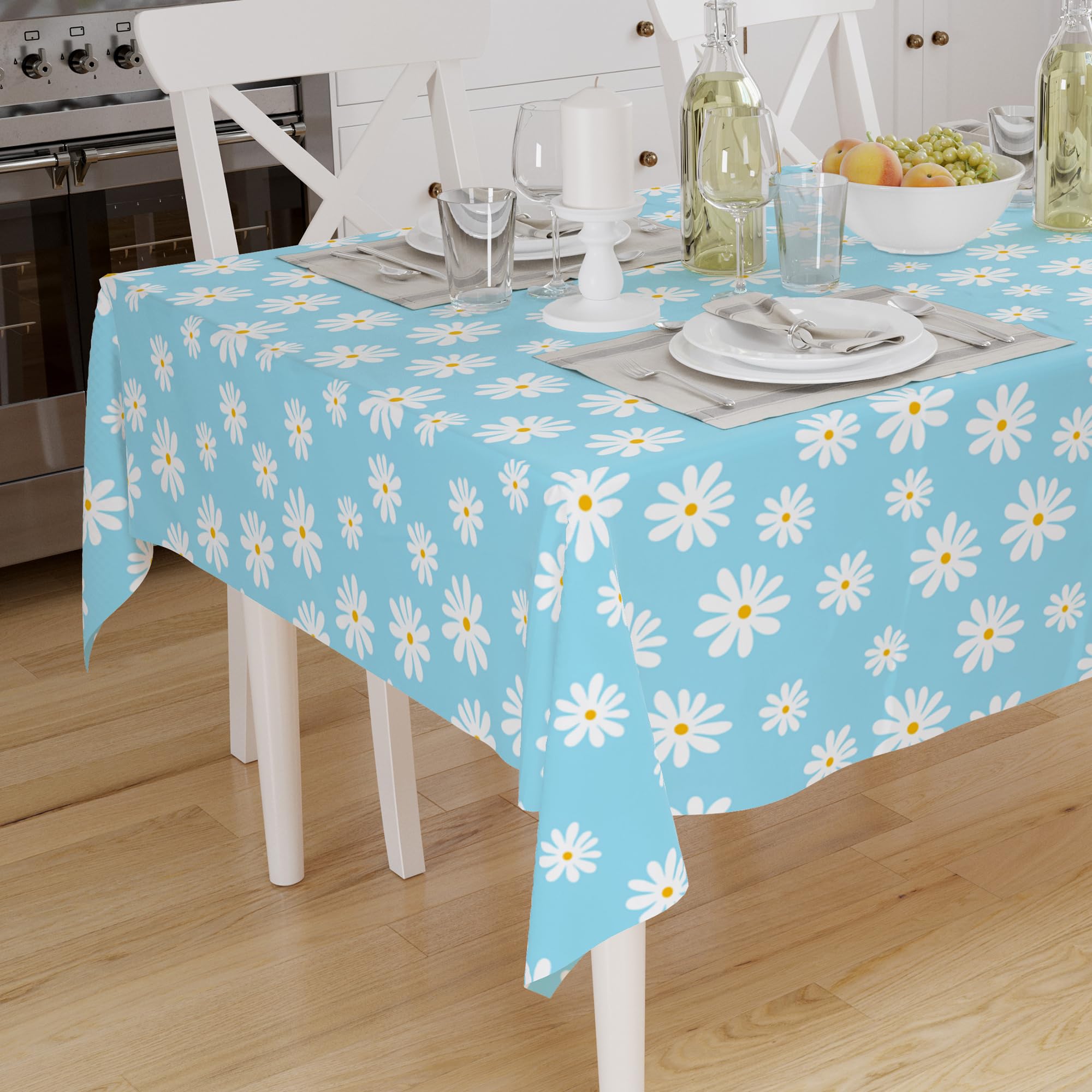 Encasa XO Printed Tablecloth 140x180 cm for 4 to 6 Seater Dining Table of length upto Rectangular, 100% Cotton, Machine Washable, Durable, Rectangular, for Home, Restaurant, Banquet - Daisy Blue