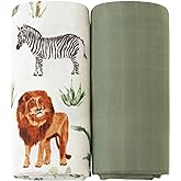 LifeTree Muslin Swaddle Blankets, Woodland Baby Swaddling Receiving Blanket for Boys & Girls, 70% Viscose from Bamboo and 30% Cotton, Large 47 x 47 inches Safari Jungle/Olive Green