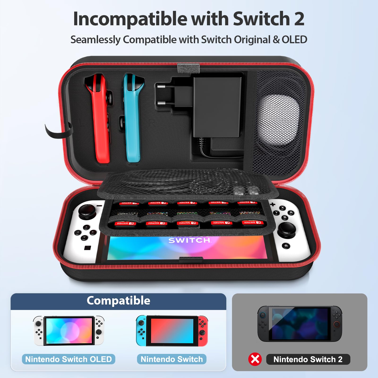 OIVO Switch Tasche für Nintendo Switch/OLED-Modell, große Tragetasche für Joycon und EU Netzteil, Harte Hülle mit Aufbewahrung für 20 Spiele & Zubehör, Rot 2