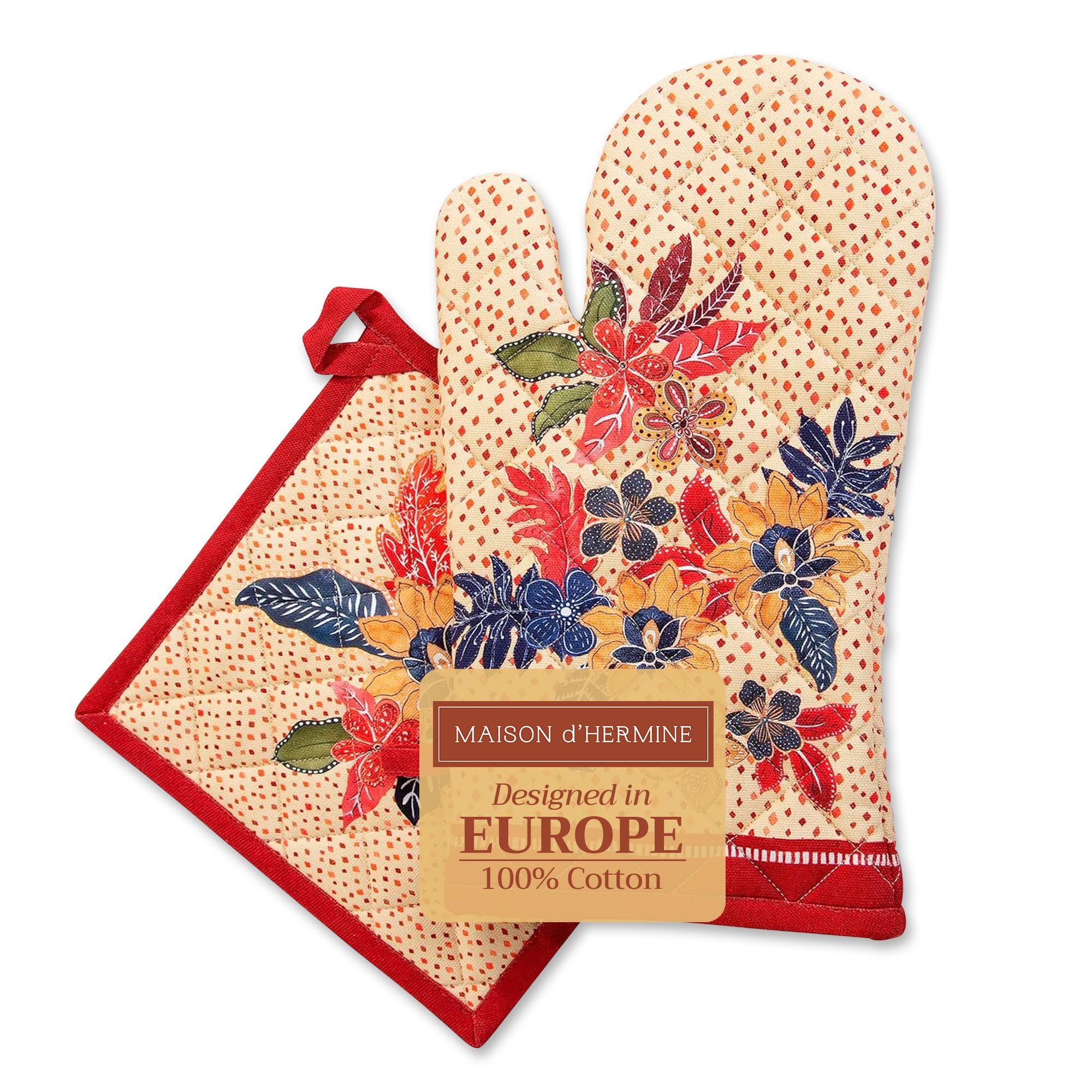 Maison d' Hermine 100% Cotton Oven Mitt & Pot Holder Set (19 x 33 cm & 20 x 20 cm) Heat Resistant BBQ Cooking Gloves with Loop for Christmas Decorations Baking Handling Hot Pans (Kalahari)