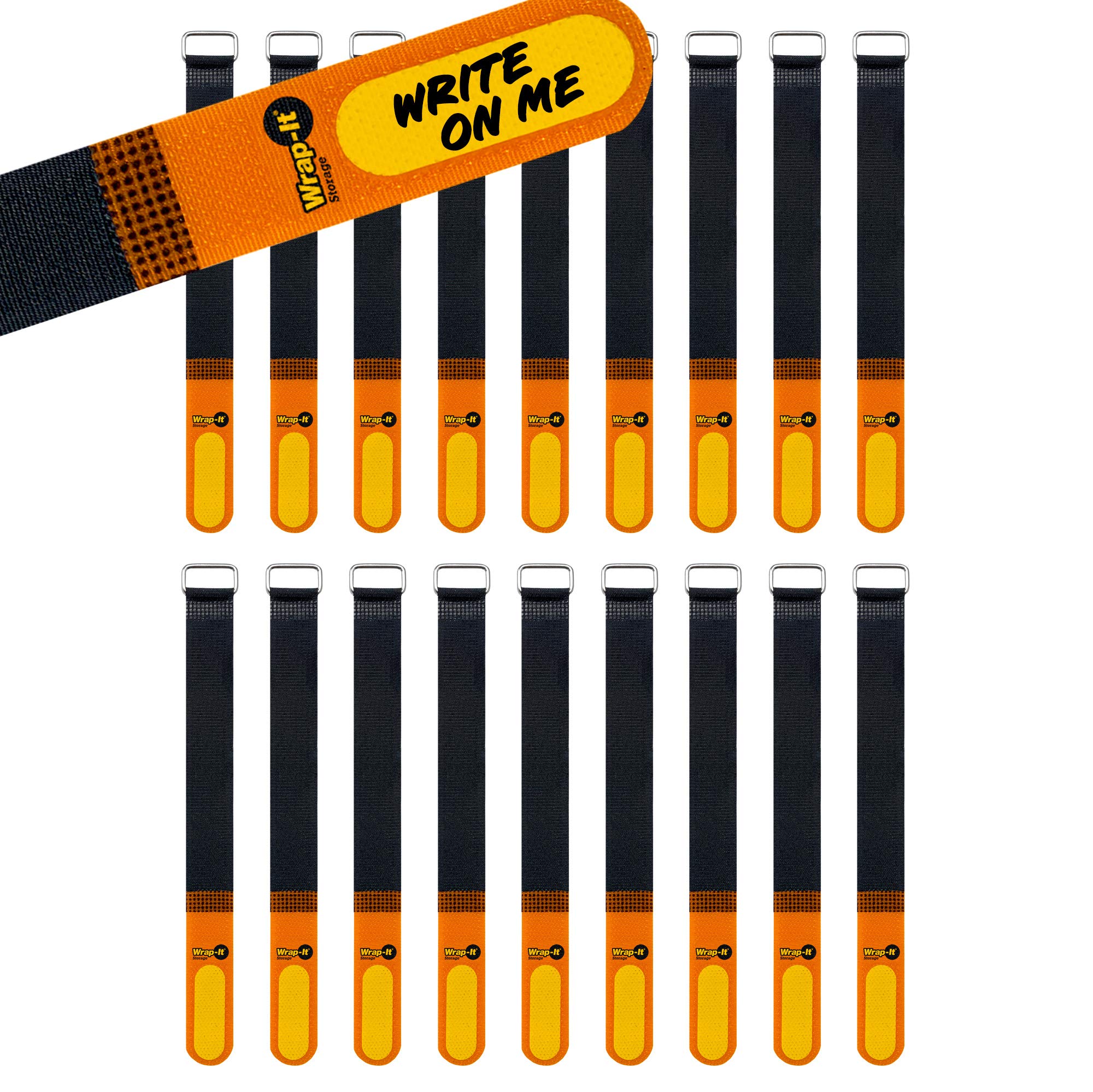 Wrap-It Storage Hook and Loop Cinch-Straps 8" 18 Pack (Orange/Black) with Write on Label for Easy Cord Identification and Cable Management, Reusable Multi-Purpose Securing Cinch Straps