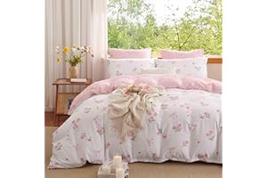 Erwinmu Floral Duvet Cover Set Queen Size,Pink Tulip Bow Ties Reversible Bedding Set with Heart Pattern for Girls Kids,Romantic Microfiber Comforter Cover 3Pcs with Zipper Closure and 2 Pillowcases