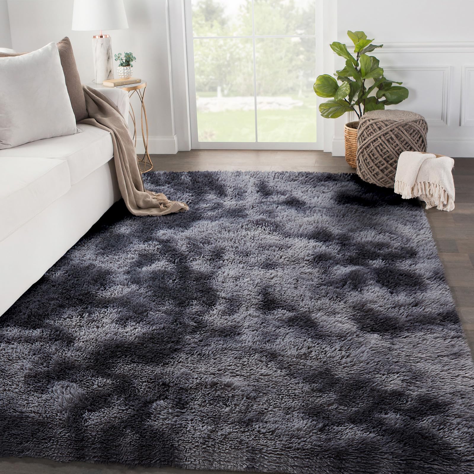 SOANNY Living Room Area Rug, Dark Grey Large Tie-Dyed Shag Carpet for Bedroom, Dorm, Lounge, Washable Non-Slip Rug for Home Decor, 150x240 cm